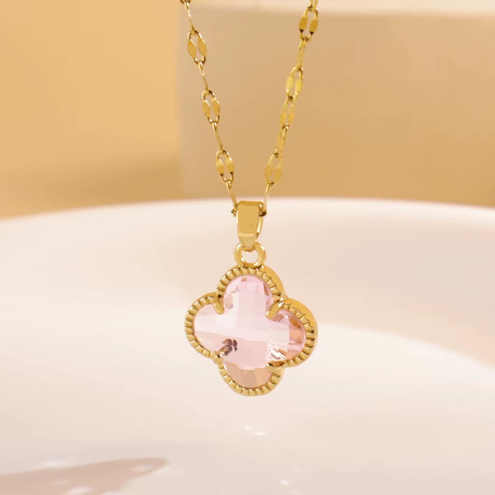 Gold chain necklace with pink clover-shaped pendant fashion jewelry gift for her