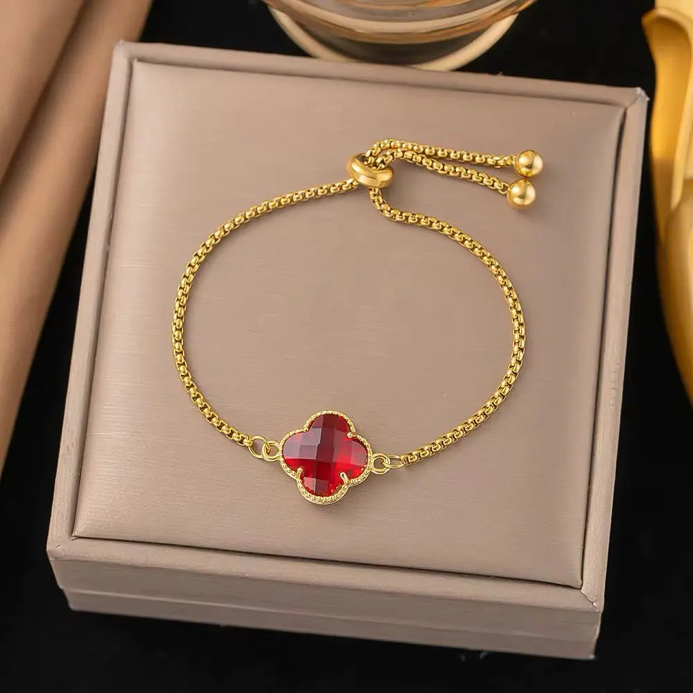 MARHOUHOU colorful gemstone bangle for girls with red stone and adjustable gold chain
