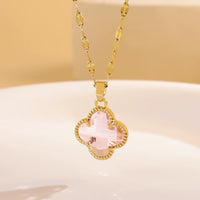 Gold chain necklace with pink clover-shaped pendant fashion jewelry gift for her