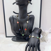 MARHOUHOU friendship necklace gift for her with colorful clover charms on gold chain displayed on black mannequin