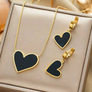 MARHOUHOU heart necklace and earring set with black enamel hearts and gold-tone edges