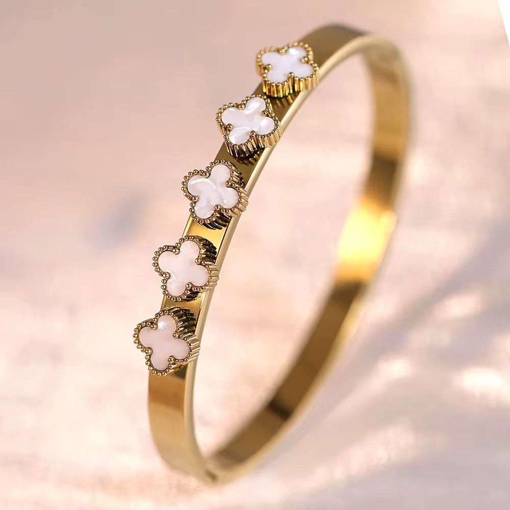 Gold bracelet with white clover charms by MARHOUHOU stylish friendship jewelry gift